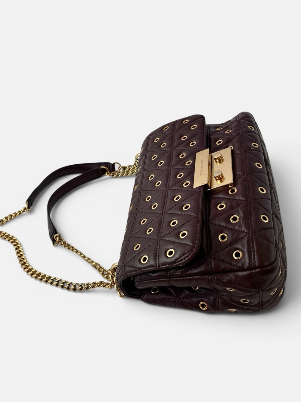 Michael Kors Quilted Grommet Chain Shoulder Bag Dark Purple Leather Flap - Picture 6 of 9